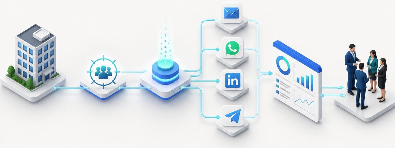 Fluxo da operação ContaEx: ICP, base inteligente, campanhas multicanal, CRM e equipe comercial